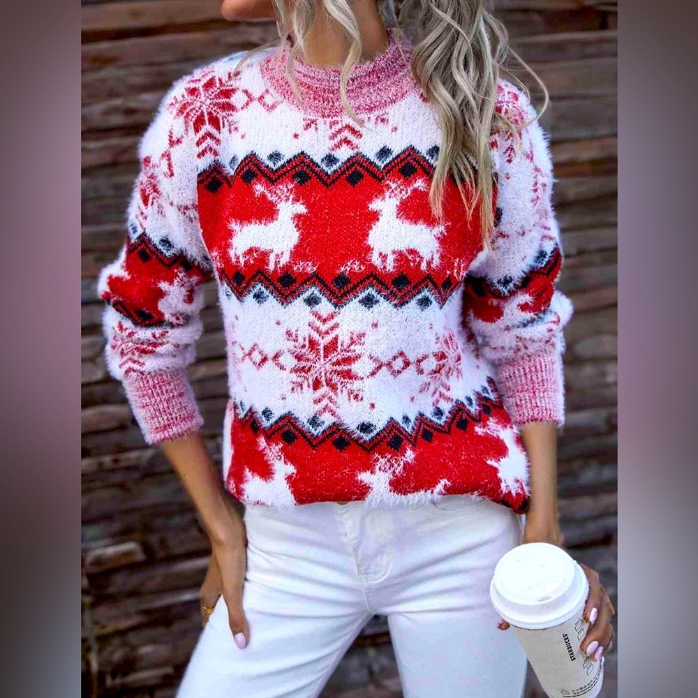 Reindeer & Snowflake Red/White Round Neck Christmas Sweater Size XL Polyester